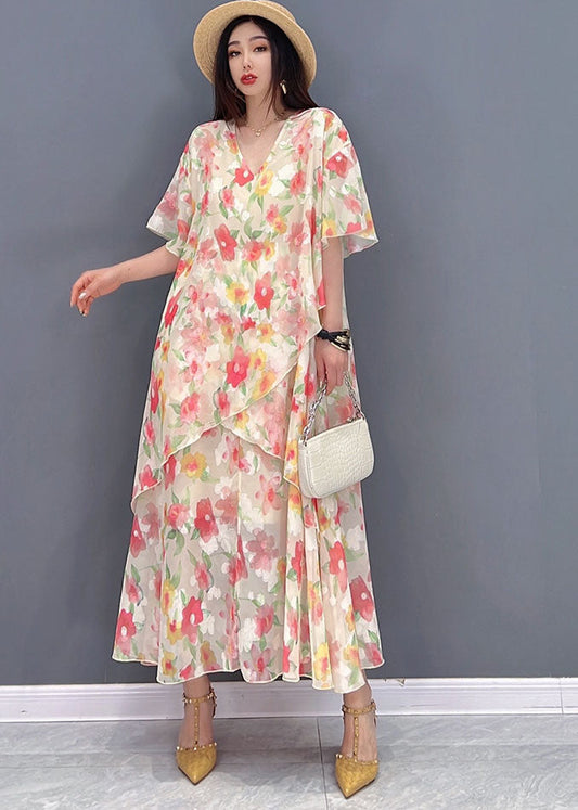 Pink V Neck Asymmetrical Design Print Chiffon Beach Dresses Short Sleeve
