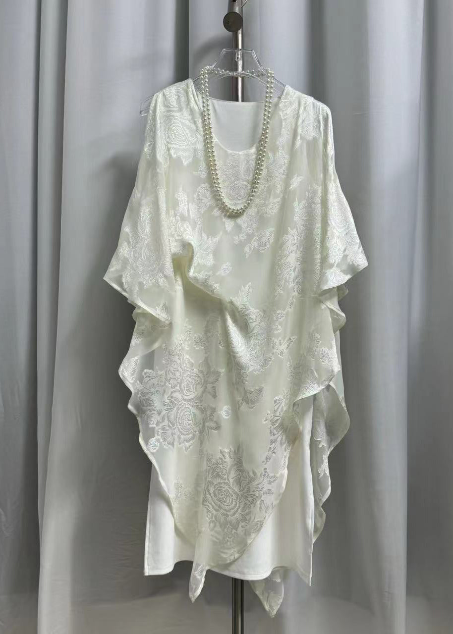 Jacquard Black Wrinkled Chiffon Long Dress Batwing Sleeve Summer
