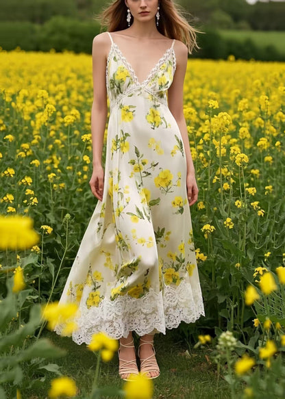 Stylish Yellow Patchwork Lace Chiffon Cami Dress Summer