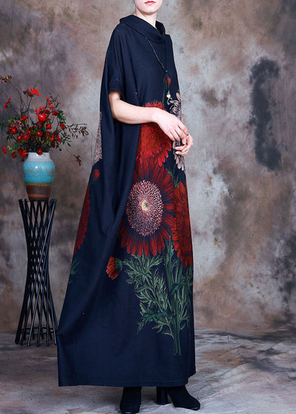 Blue Turtle Neck Print Velour Robe Dresses Spring