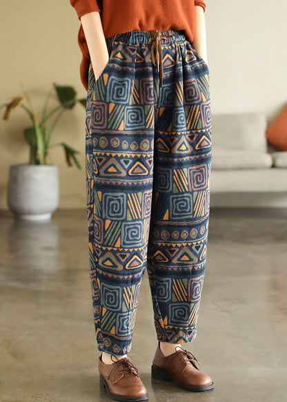 Blue Elastic Waist Pockets Print Cotton Denim Harem Pants Fall