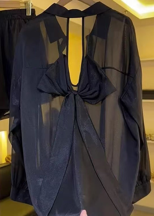 Black Bow Backless Chiffon Sheer Blouses Summer