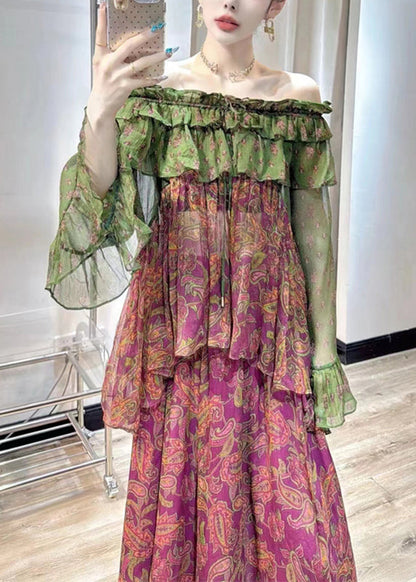 Purple Print Chiffon Top and Maxi Skirts Two Pieces Set Fall