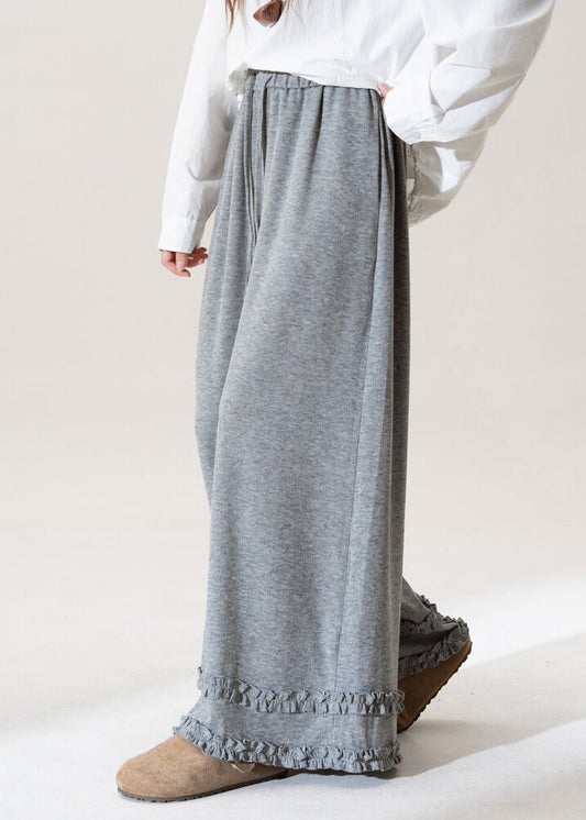 Grey Ruffled Elastic Waist Patchwork Cotton Wide Leg Pants Fall