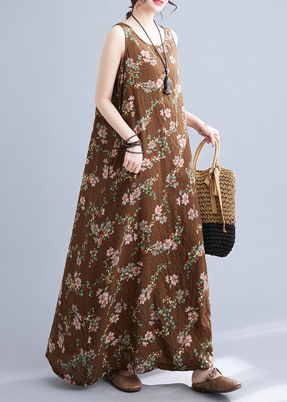 Coffee O-neck Print Linen Beach Dresses Sleeveless