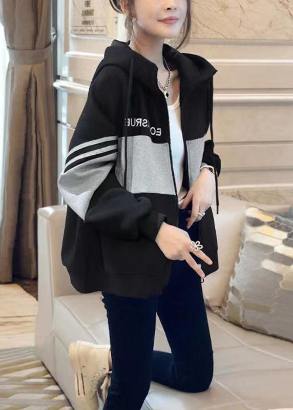 Black Hooded Patchwork Cotton Coats Long Sleeve