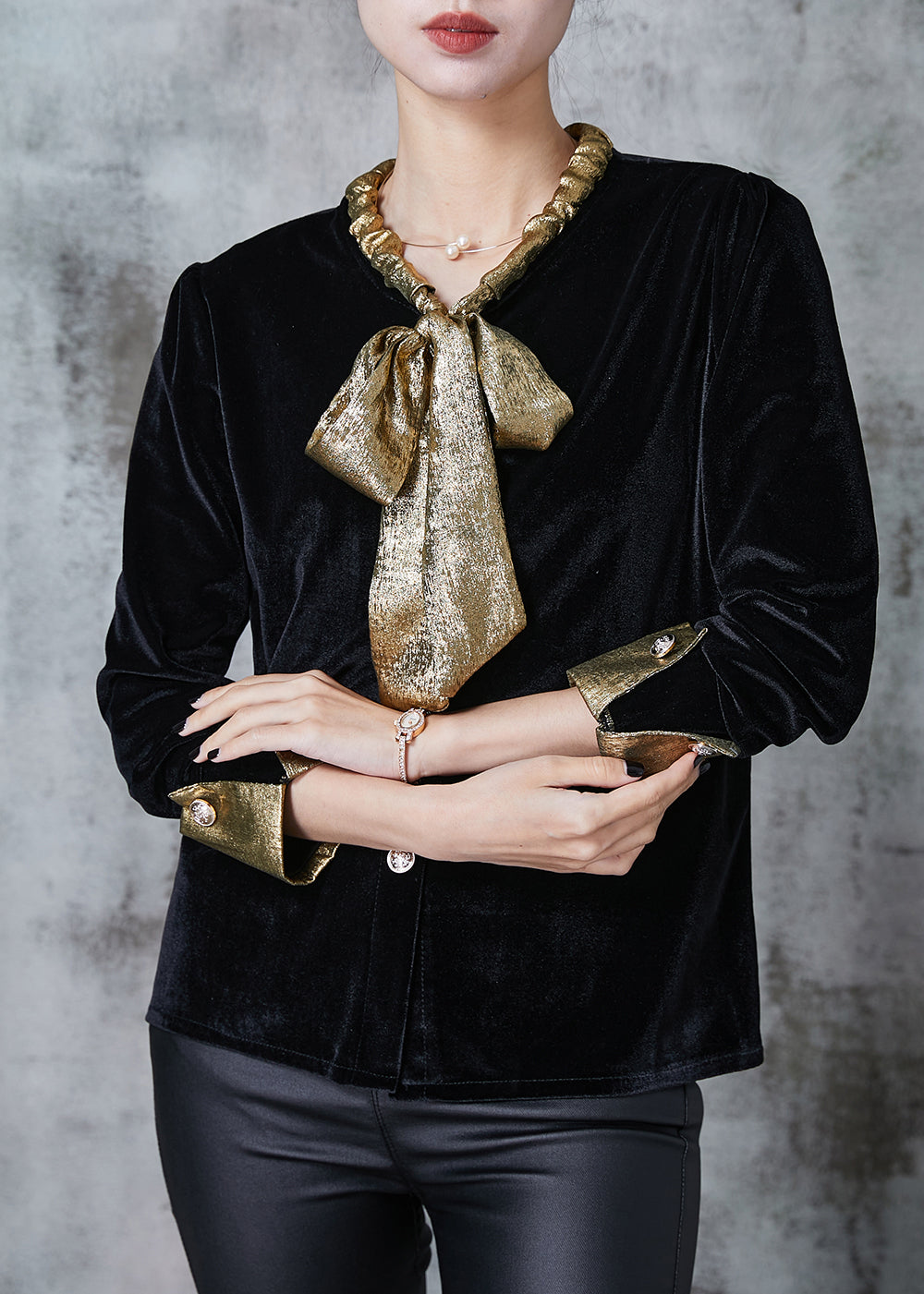 Black Bow Collar Silk Velour Shirt Top Spring