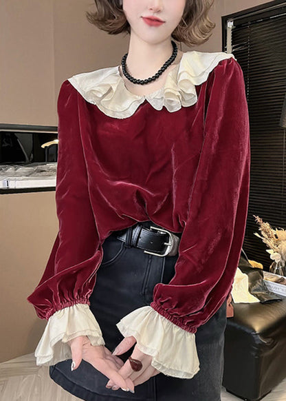 Red Ruffled Silk Velour Top Flare Sleeve