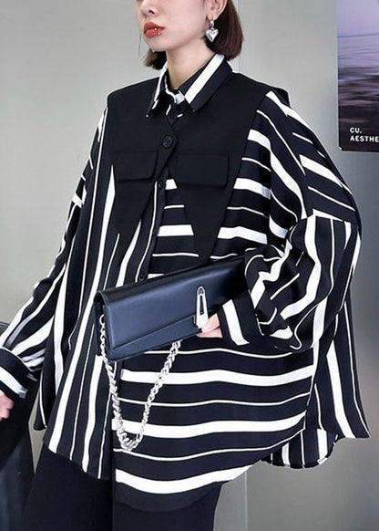 Unique Black White Striped Asymmetrical Design Fall Blouses Long Sleeve