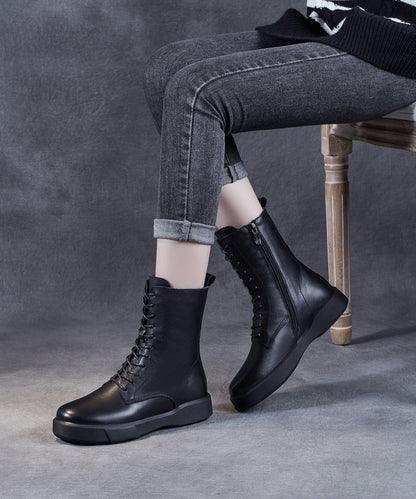 Black Platform Cowhide Leather Lace Up Boots