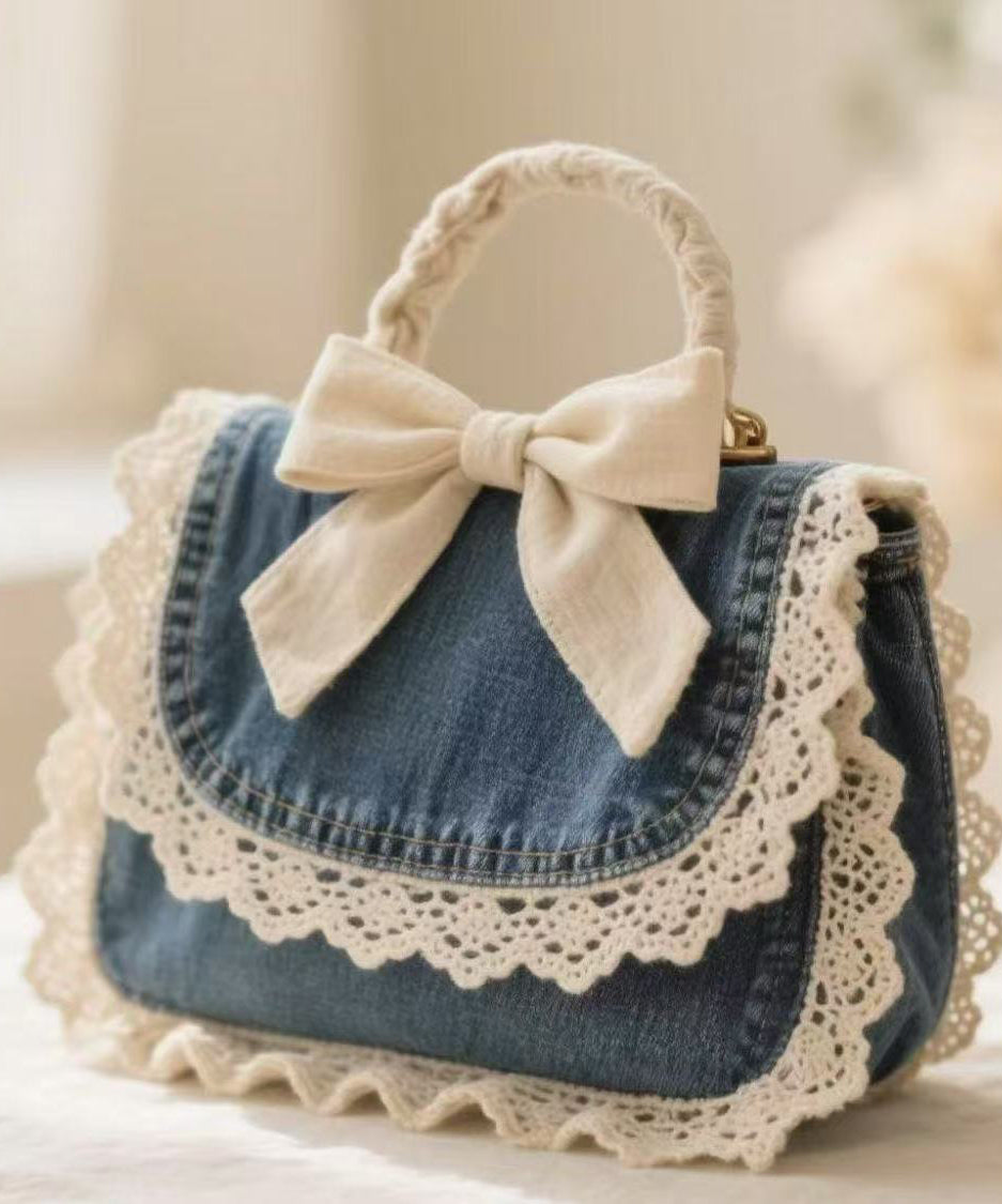 Denim Blue Patchwork Lace Bow Tote Handbag