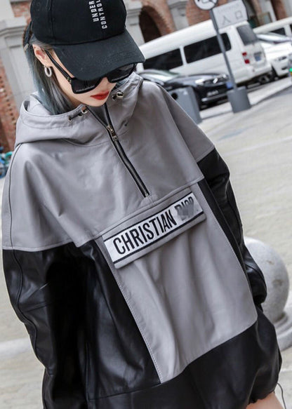 Black Grey Hooded Patchwork Drawstring Leather Pullover Coats Long Sleeve