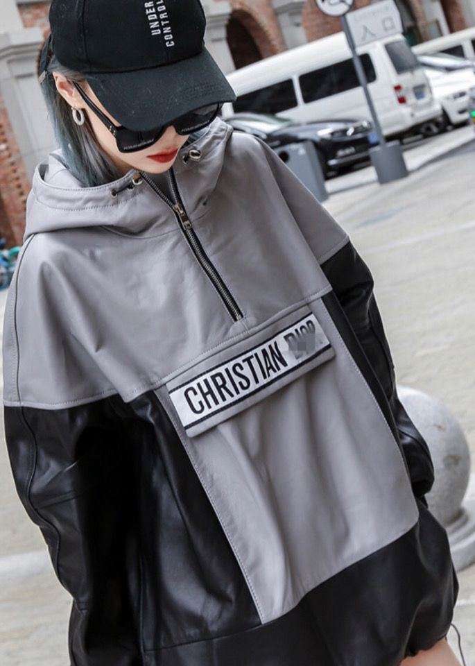 Black Grey Hooded Patchwork Drawstring Leather Pullover Coats Long Sleeve