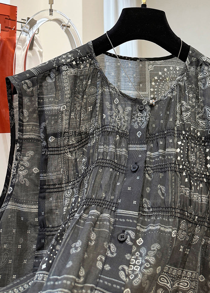 Black O Neck Print Button Cotton Tops Sleeveless