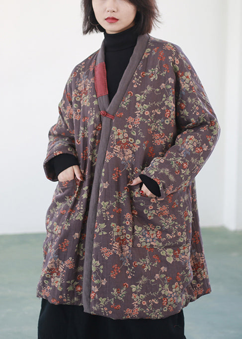 Purple Print Chinese Button Fine Cotton Filled Coats Winter