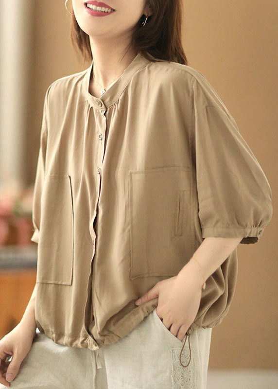 Khaki Stand Collar Drawstring Button Silk Shirt Top Bracelet Sleeve