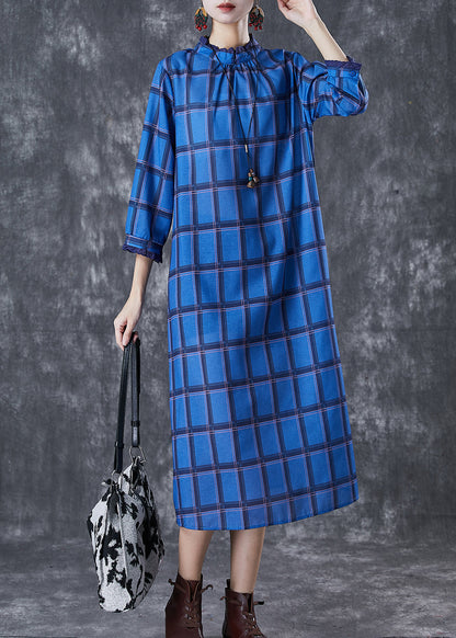 Blue Stand Collar Print Linen Dress Bracelet Sleeve