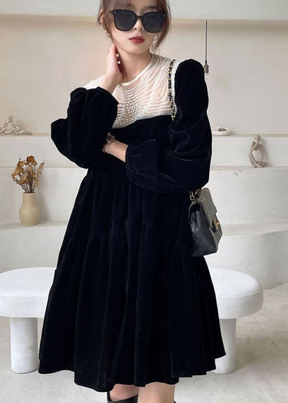Black O-neck Nail Bead Velour Vacation Dress Spring
