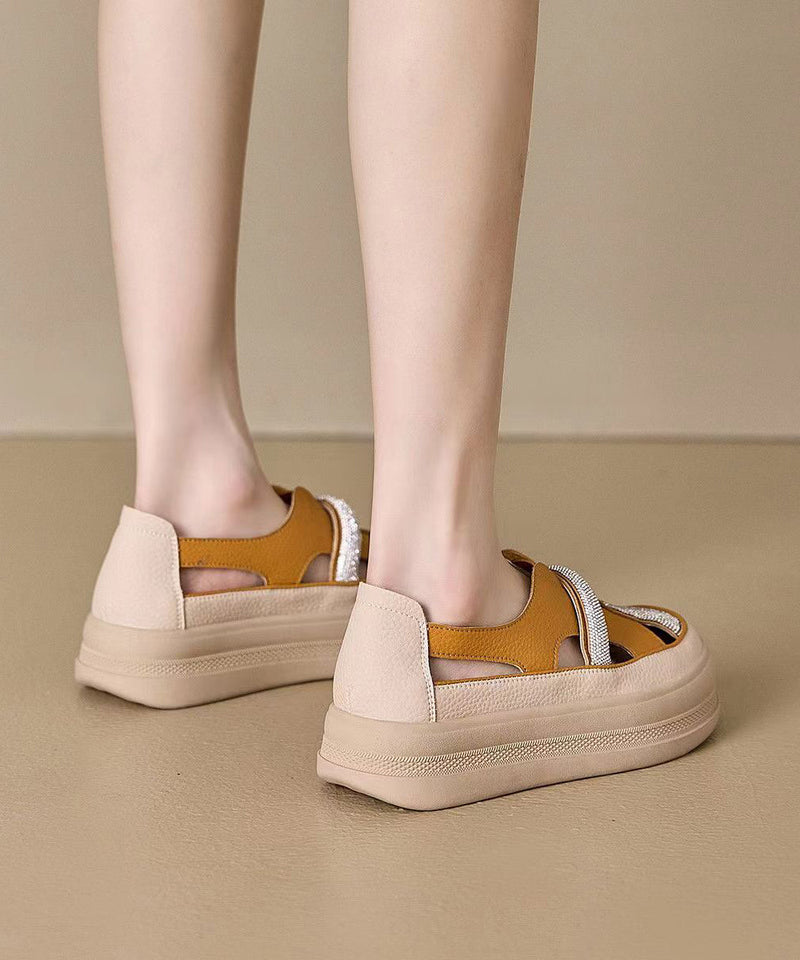 Zircon Splicing Hollow Out Platform Walking Sandals Yellow