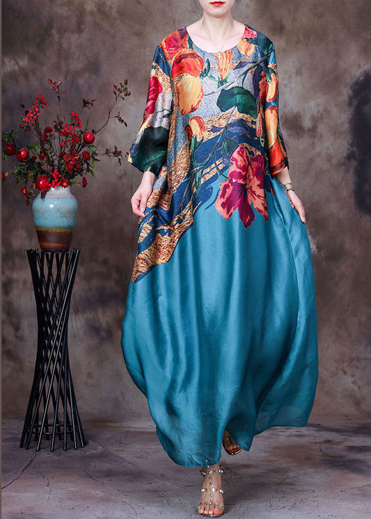 Blue O-neck Print Silk Long Dress Bracelet Sleeve