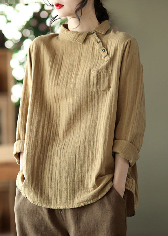 Handmade Khaki Peter Pan Collar Asymmetrical Design Cotton Shirts Long Sleeve