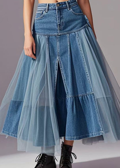 Blue Tulle Patchwork Exra Large Hem Denim Skirts Spring