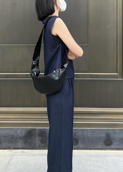 Stylish Navy O-neck Top and Wide Leg Pants Two Pieces Set Summer