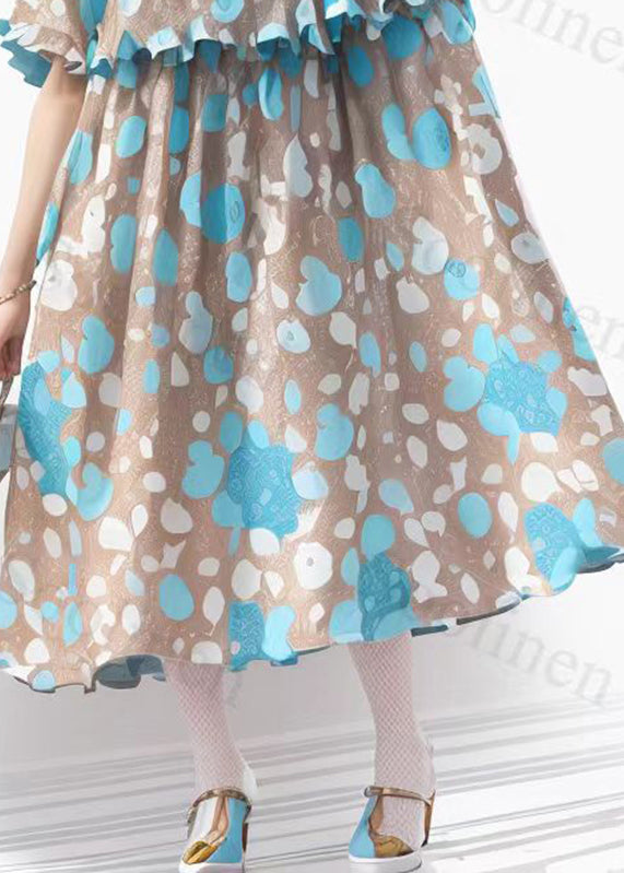 Unique Blue Print Ruffled Patchwork Silk Maxi Dress Short Sleeve