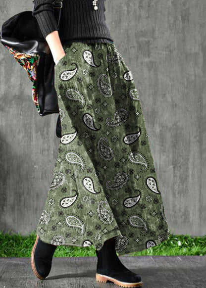 Velour Green Cashew Nuts Skirt Maxi Length