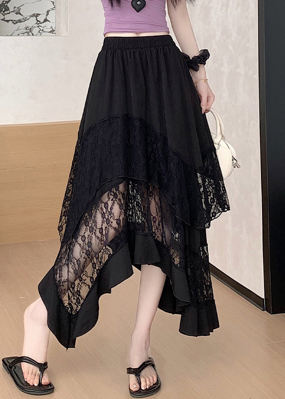 Black Asymmetrical Lace Patchwork Cotton Skirts