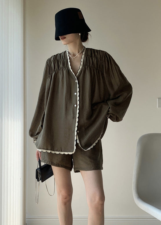 Green V Neck Wrinkled Patchwork Cotton Two Pieces Set Summer