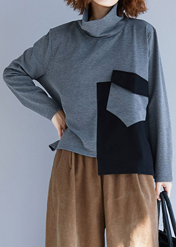 Grey Patchwork Cotton Loose Pullover Turtle Neck Spring