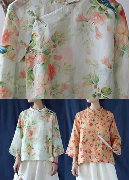 Khaki Button Print Linen Shirt Tops Three Quarter Sleeve