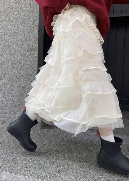 Italian Beige Layered Elastic Waist Tulle Skirts Summer