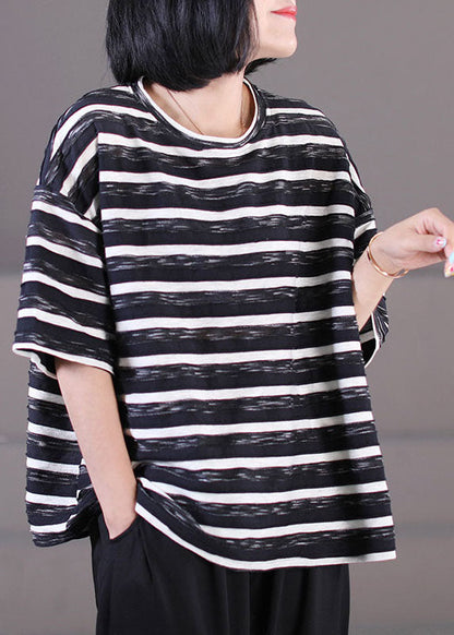 Black O-neck Oversized Striped Cotton Tank Tops Short Sleeve