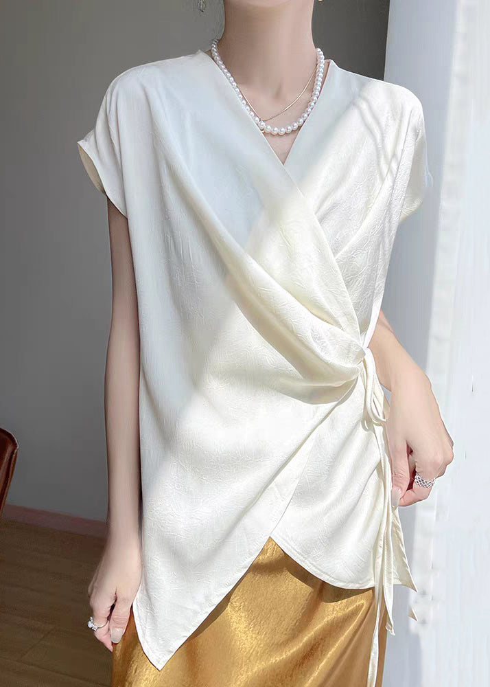 White Lace Up Silk Blouse V Neck Short Sleeve