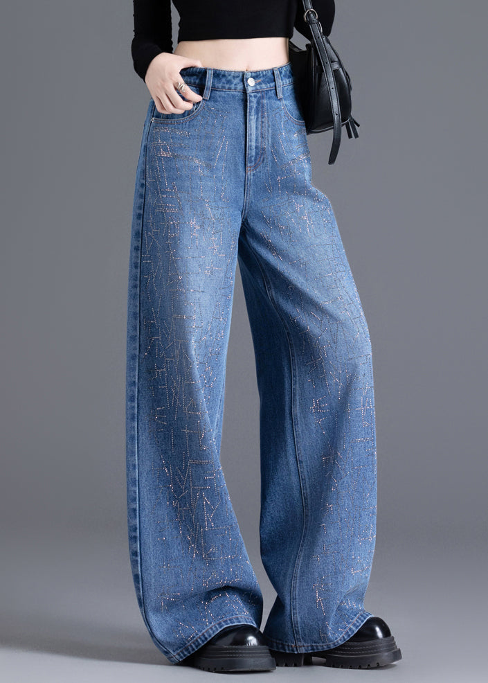New Blue Pockets Zircon Denim Wide Leg Pants Spring