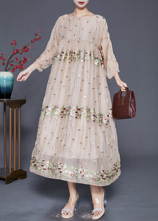 Apricot Embroideried Oversized Silk Maxi Dresses Fall