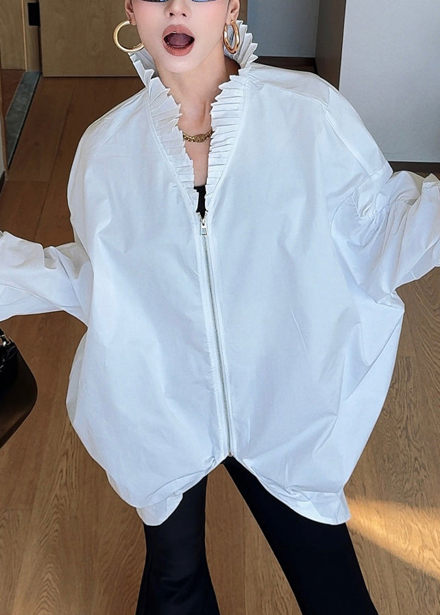 French White Stand Collar Cinched Patchwork Zippered Shirt Batwing Sleeve