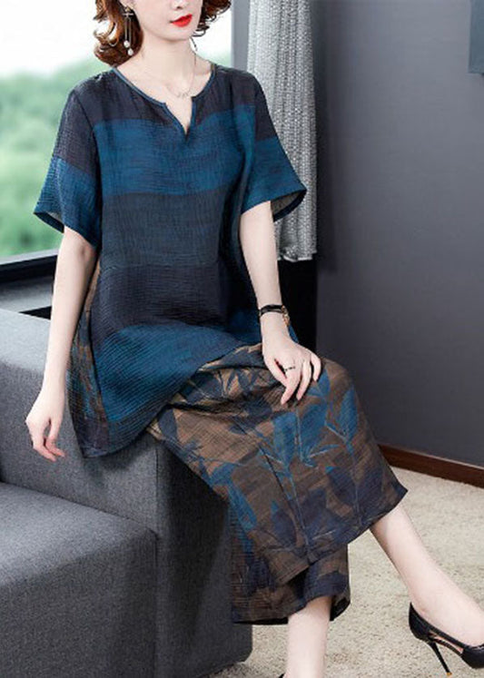 Blue Print Silk Top and Crop Pant Two-piece Set Low High Design Summer