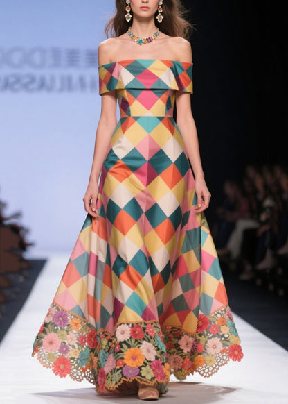 Boutique Multicolor Plaid Patchwork Embroidered Flower Silk Strapless Dress Summer