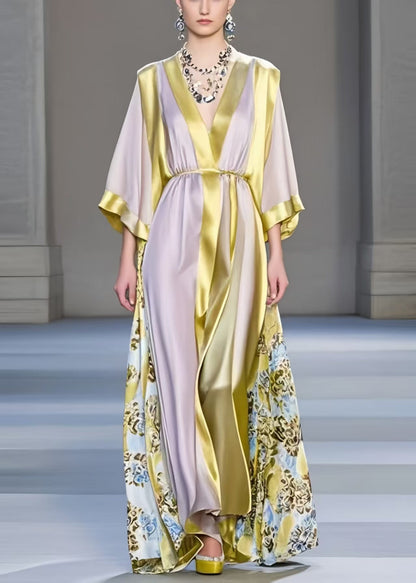 Diy Colorblock V Neck Patchwork Silk Holiday Dress Bracelet Sleeve