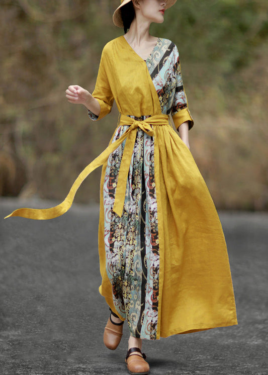 Yellow V Neck Tie Waist Patchwork Cotton Maxi Dresses Half Sleeve