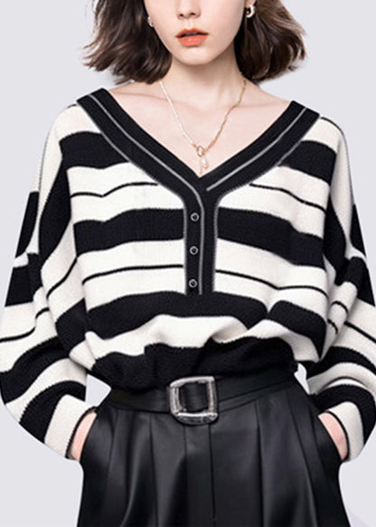 Black White Striped V Neck Cotton Knit Sweater Fall