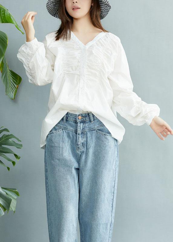 Boutique White V Neck Button Fall Long Sleeve Blouse Top