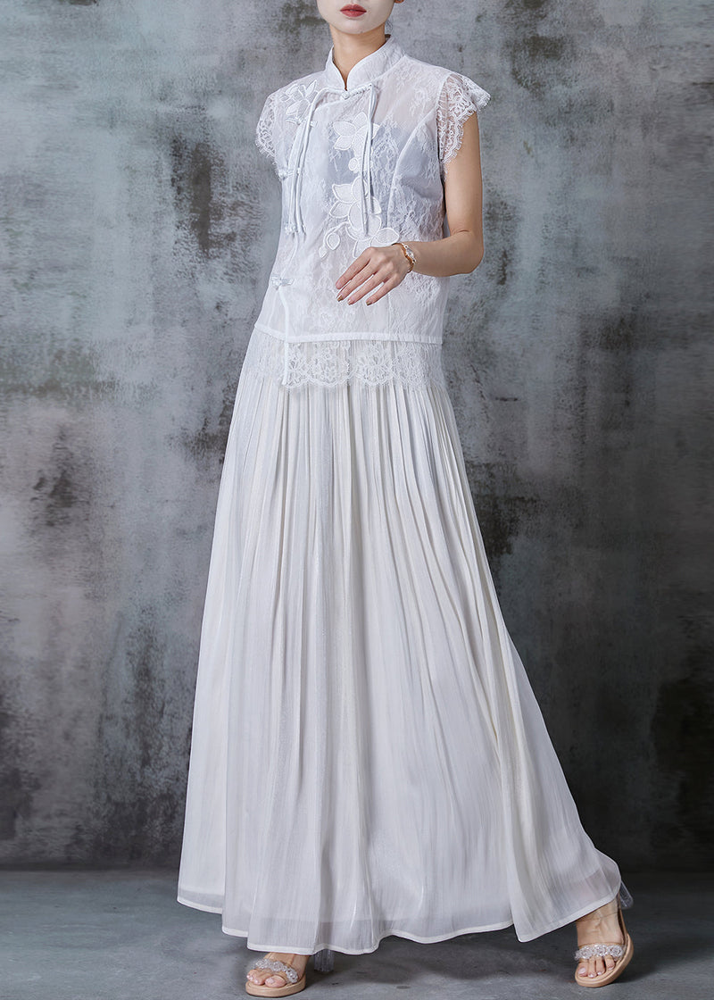 Diy White Tasseled Patchwork Lace Chinese Style Two Piece Set Summer