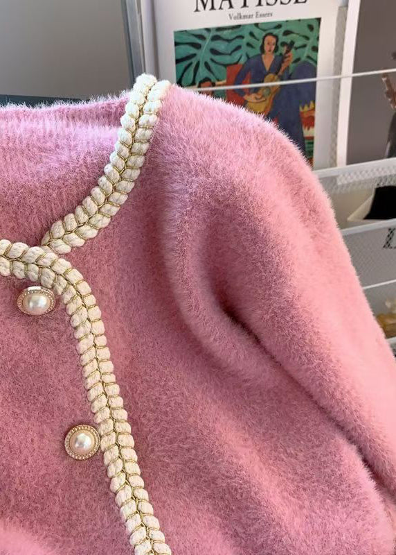 Pink Pockets Button Mink Hair Knitted Coat Fall