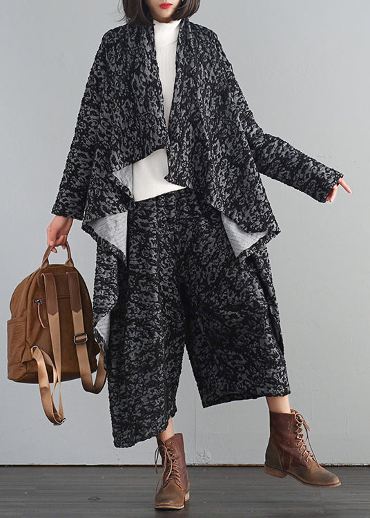 Grey V Neck Asymmetrical Trench Coats and Crop Pants Two Piece Set Fall