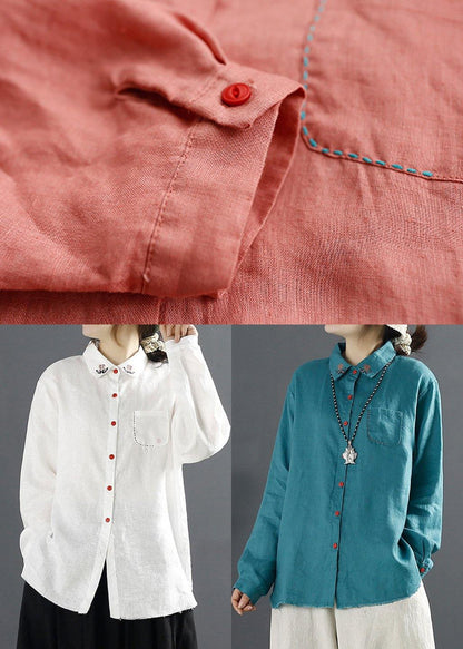 French Red Shirts Lapel Embroidery Blouses
