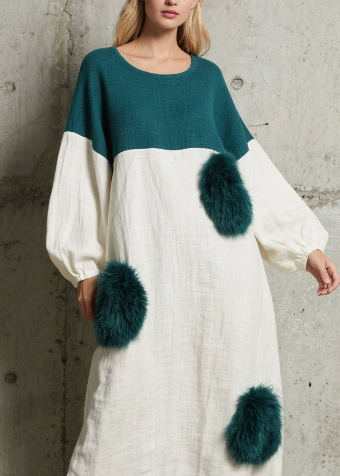 Colorblock O Neck Fuzzy Fur Patchwork Cotton Dress Fall